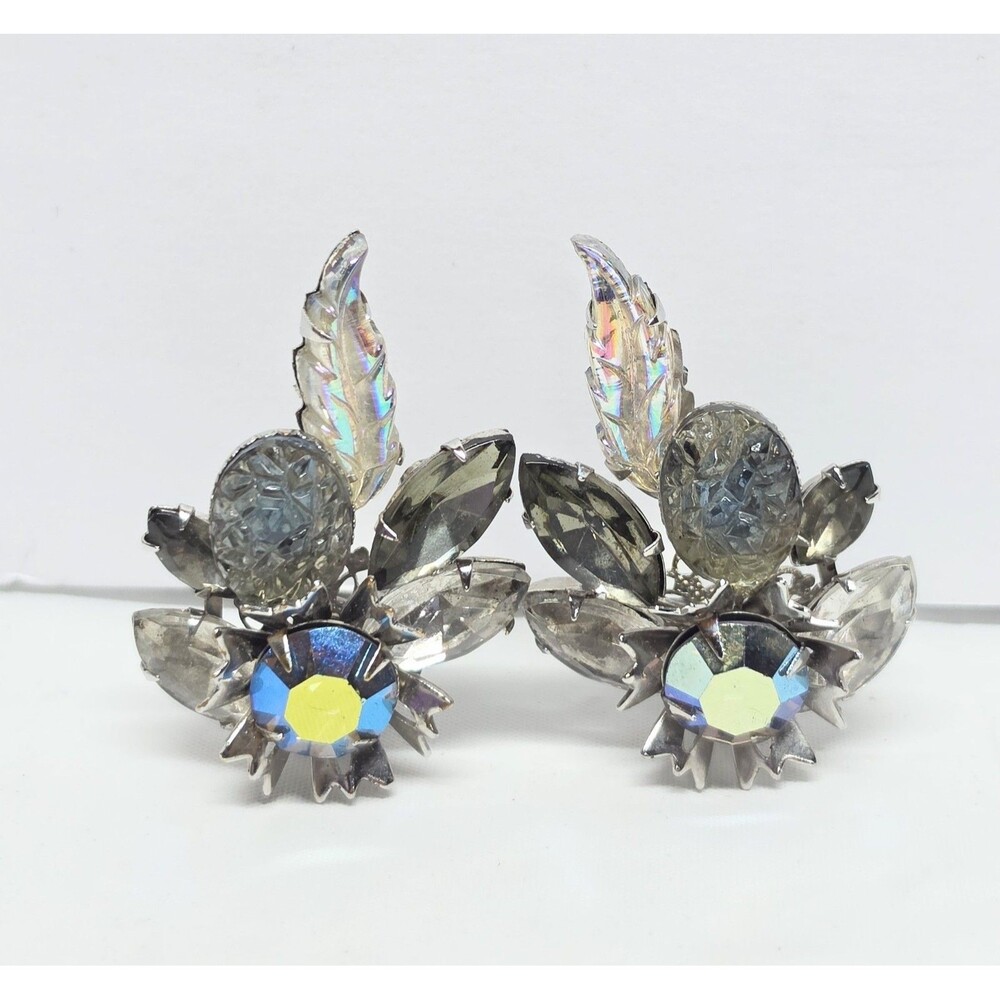 Judy Lee Signed Vintage Clip-On Earrings Multicolor Gray Aurora Borealis Crystal